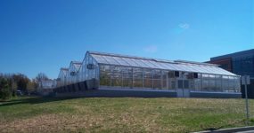 a shot of the greenhouse built for the Donald Danforth Plant Science Center
