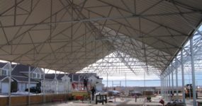 a shot of a greenhouse with Metal Decking from the inside