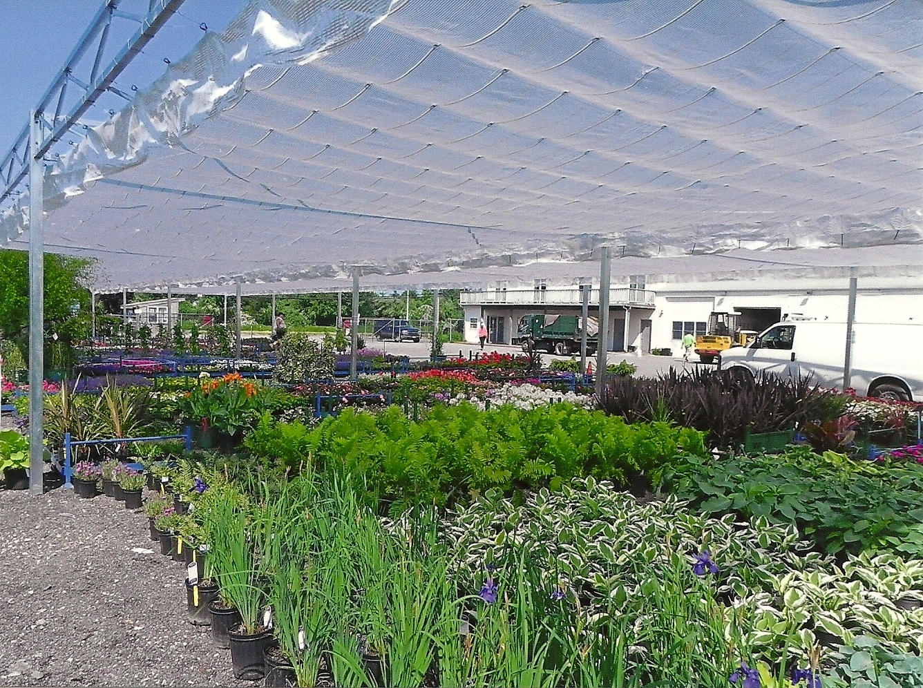 Flat roof greenhouse with shade cloth to protect plants.