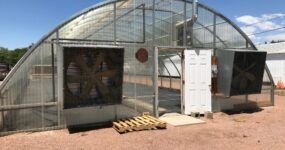 Columbine greenhouse with mechanical ventilation at Elm Avenue Greenhouse, CO.