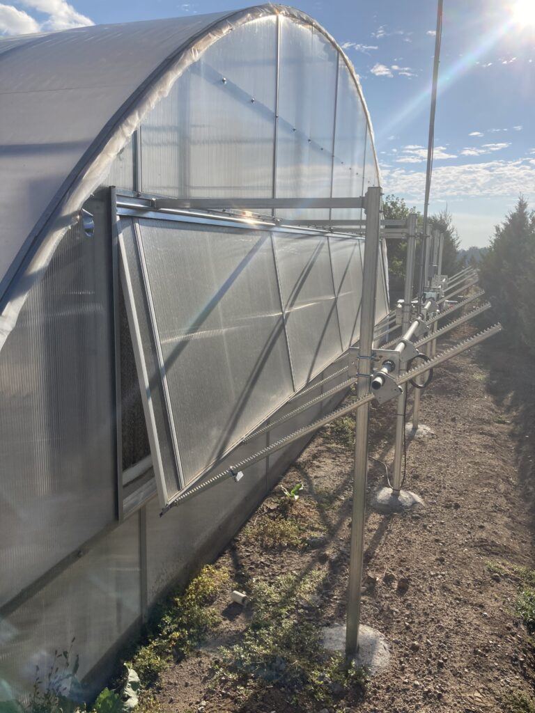 Columbine greenhouse with end-wall vent for natural ventilation.