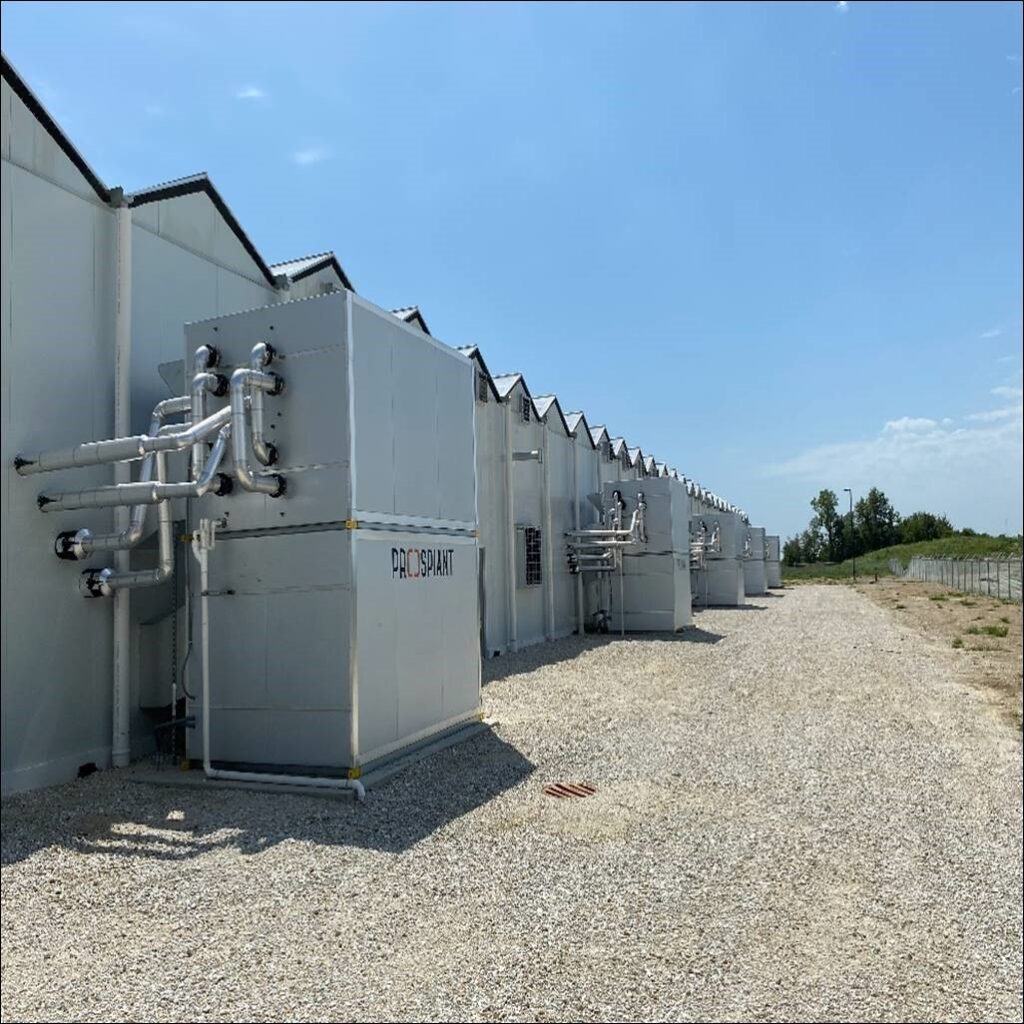 Outside view of Prospiant's hydronic 4-pipe HVACD system for greenhouse cooling and heating during cannabis cultivation.