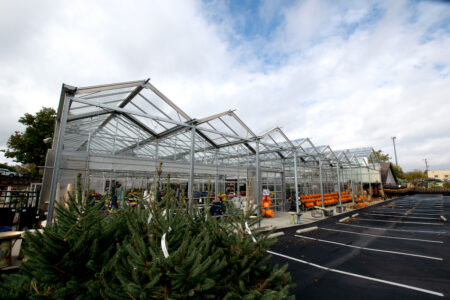 Open-roof retail greenhouse with an A-frame headhouse at White Oak Gardens