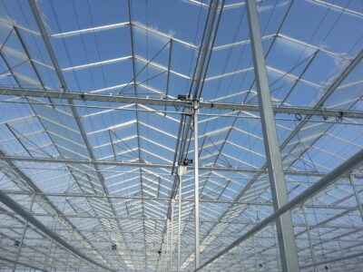 Alternating skip vent system on roof of Venlo greenhouse