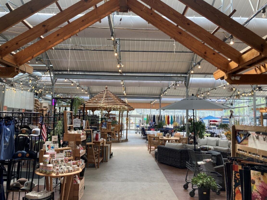 Simple wood v-trusses can be used for decoration in garden centers.