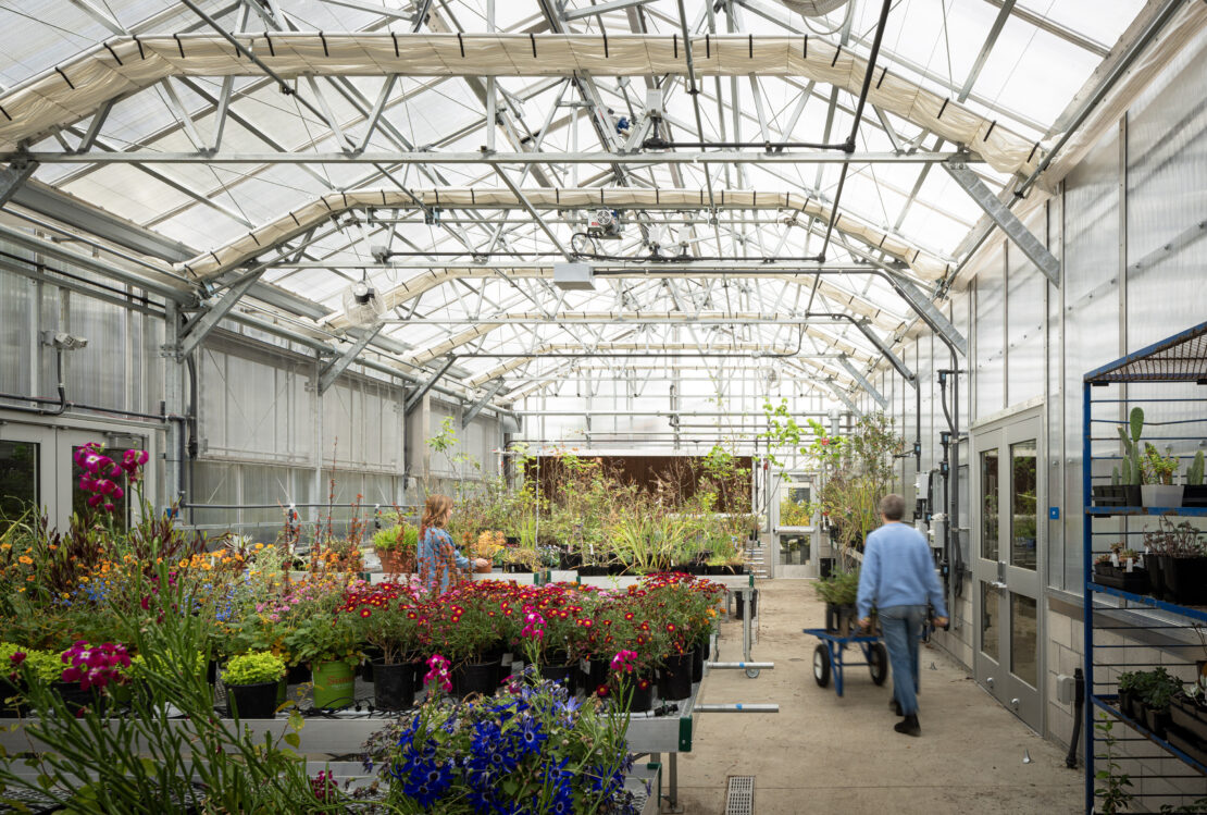 Merritt College Horticulture Complex4_educational greenhouse_Aframe - Prospiant The A-frame educational greenhouses at Merritt College Horticulture Complex make hands-on learning easier for students.