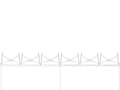 Detailed line drawing of a long lattice truss bridge with repeating diamond-shaped members and supporting piers.